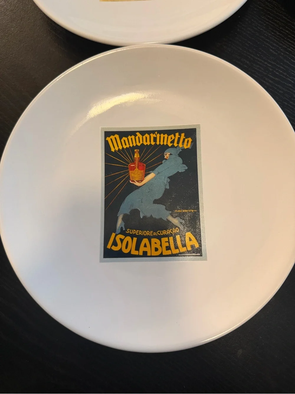 Pottery Barn White Ceramic Dessert Plates with Vintage Poster Decals - Set of 4